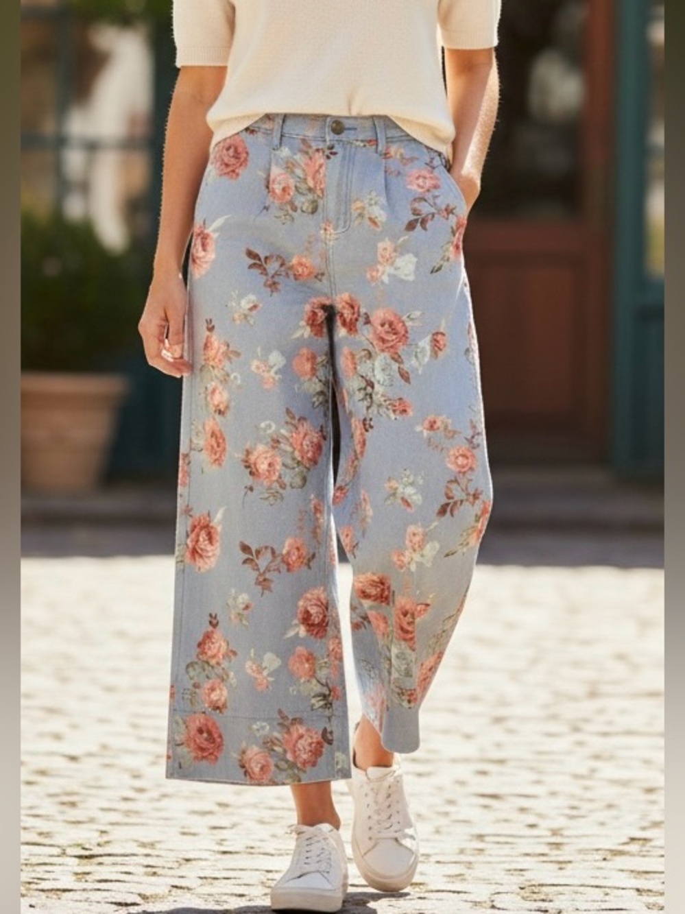 Floral Wide Leg Pants Cottagecore Elastic Waist Blue Rose Print Size M